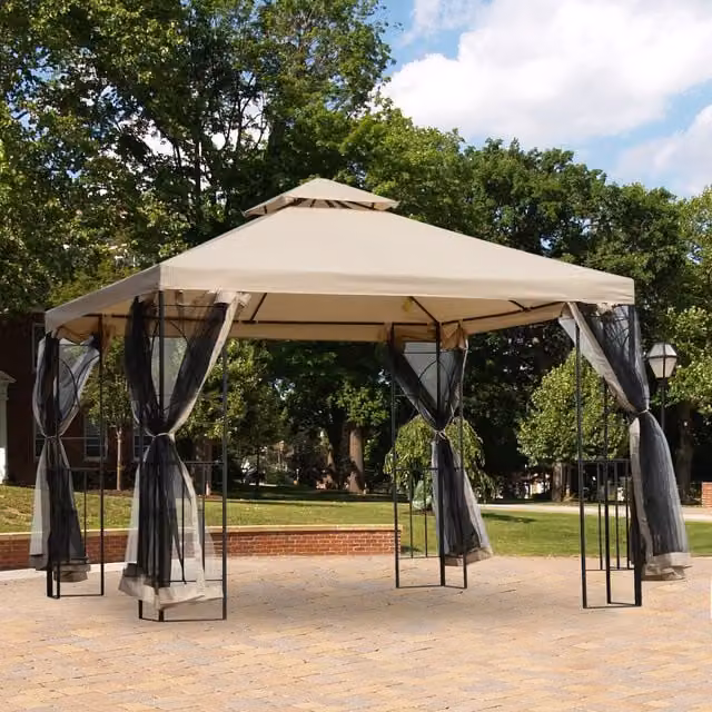 Outsunny Metal Gazebo Patio Pavilion Canopy Tent with Shelving in Beige