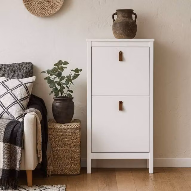 Wyld Haus Wildberry Matt White Shoe Cabinet with 2 Tilting Compartments and Metal Handles