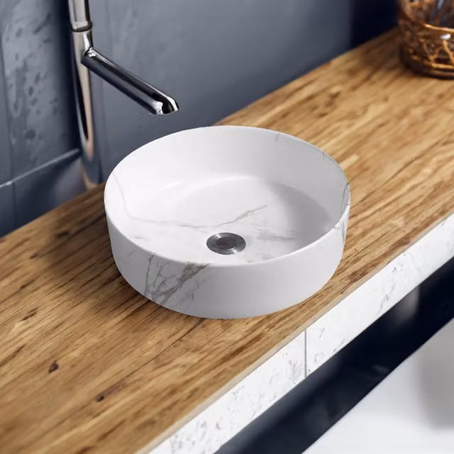 Limoge 7844 Ceramic Round Countertop Basin in White Marble Effect, Diameter: 35 cm