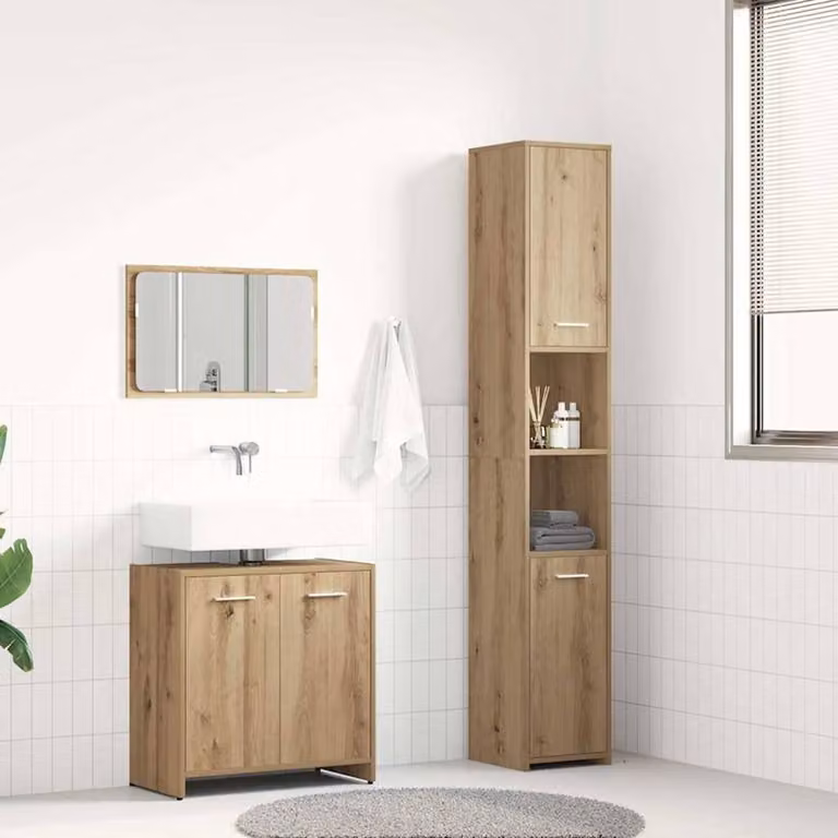 Berkfield Home 3 Piece Modern Bathroom Furniture Set in Artisan Oak Brown, including Vanity Unit, Mirror Cabinet and Tall Cabinet