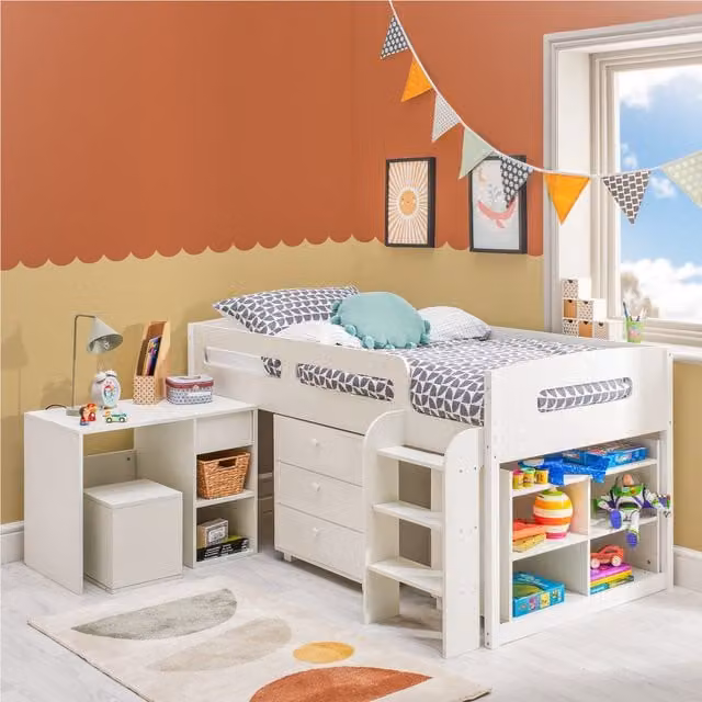 Home Treats White 4-in-1 Childrens Mid Sleeper Cabin Bed Frame Set with Stairs and Drawers, Solid Pine and Wood, W/D/H: 90 x 200 cm