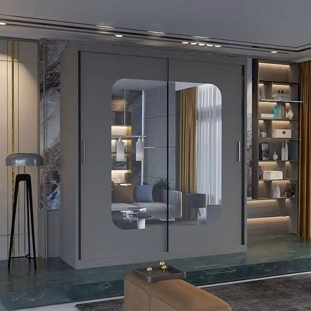 Sliding Wardrobes 4U Double Sliding Wardrobe with LED Light in Grey, W: 180 cm, H: 217 cm, D: 62 cm