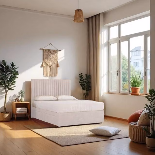 Knight Sleep Emily Plush Velvet Divan Bed Set with Princess Mattress and Headboard in Cream, W/D/H: 90 x 190 cm