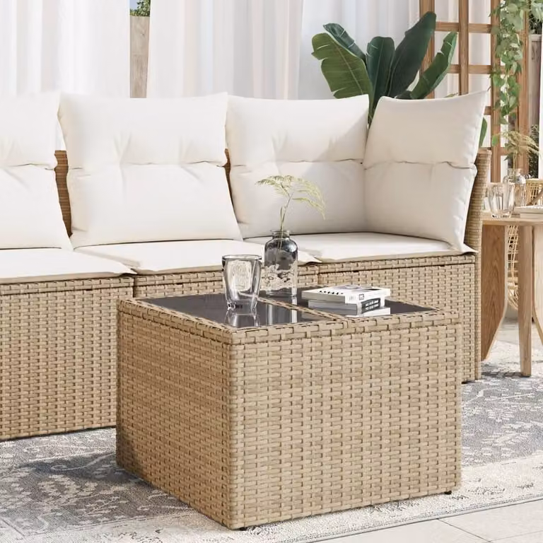 Berkfield Home Beige Poly Rattan Garden Table with Glass Top, W/D/H: 55 x 55 x 37 cm