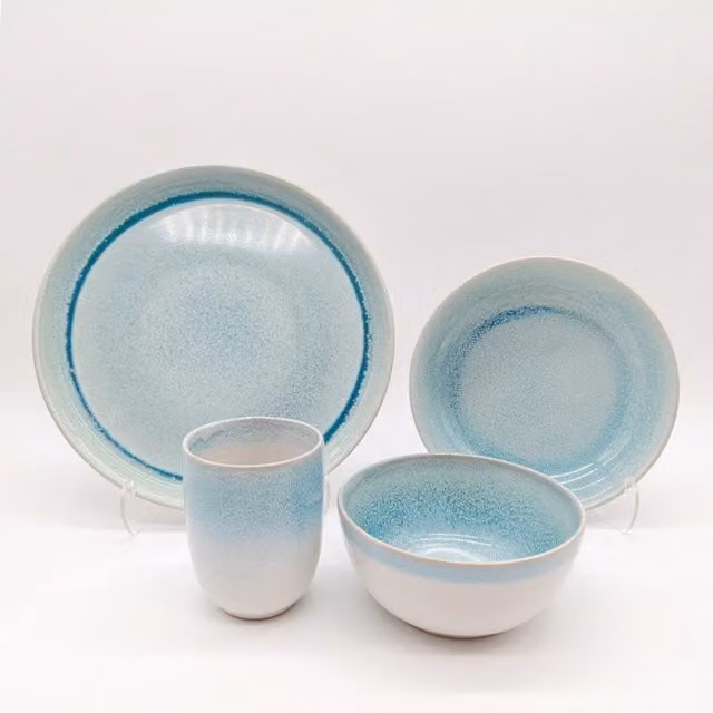 Glim & Glam Turquoise Reactive Blue Glaze Stoneware Dinner Set for 16 Adults