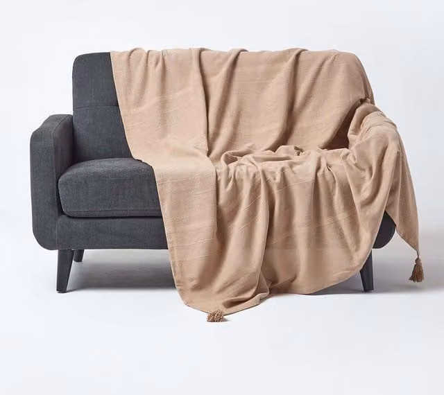 Homescapes Cotton Rajput Ribbed Throw in Beige, W/D/H: 225 x 255 cm