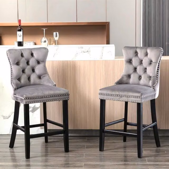 HomeTouch Set of 2 Grey Velvet Kitchen Breakfast Barstools with Wooden Legs