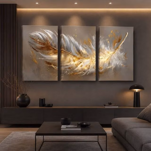 Mafett Modern Gold Feather Triptych Abstract Canvas Wall Art Print
