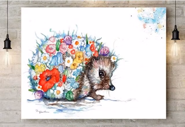 BebesArts Floral Hedgehog Canvas Wall Art, Multicolour and Brown, W: 40.64 cm x H: 40.64 cm