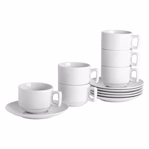 Argon Tableware 24 Piece White Porcelain Stacking Teacup and Saucer Set
