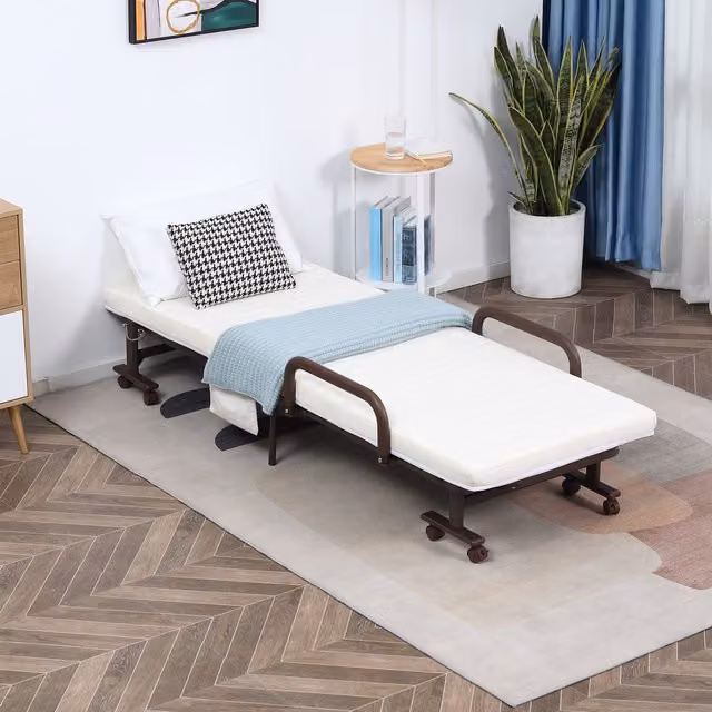 HOMCOM White Metal Folding Rollaway Bed with 8cm Mattress