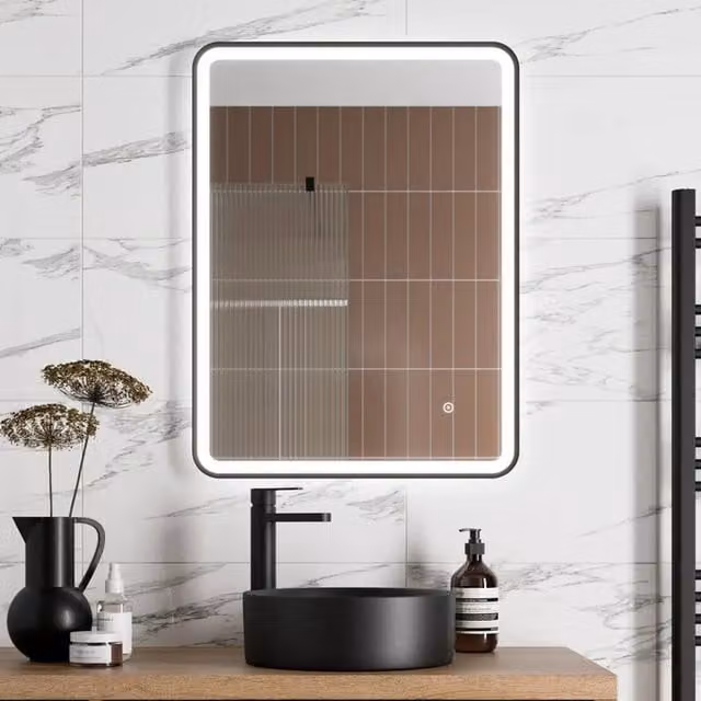 Bathwell Rectangular LED Mirror with Demister and Touch Switch in Matt Black, W: 60 cm, H: 80 cm
