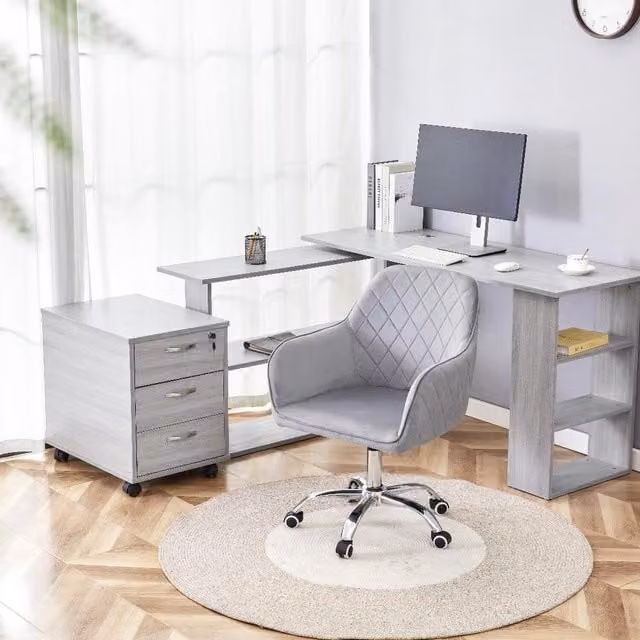 Kosy Koala Modern L-Shaped Office Desk Set with Chair, Storage Shelves and Drawer Pedestal in Grey and Black