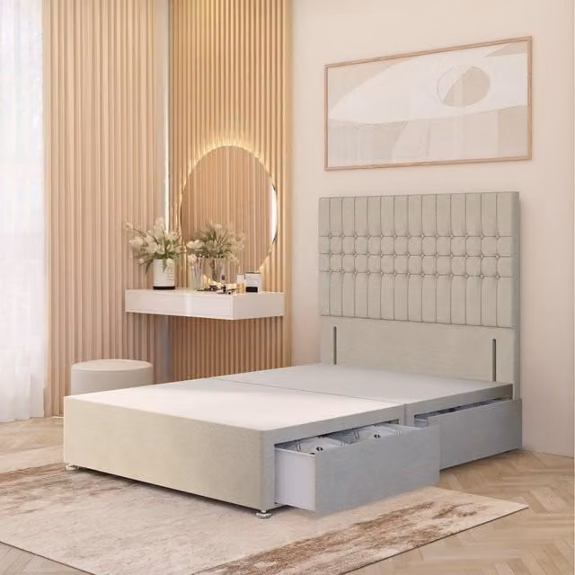 Somnior Beds Ltd Lexington Divan Bed Base with 54 inch Floor Standing Headboard in Natural Beige and Yellow Tweed Fabric, Super King, W/D/H: 200 x 200 x 34.5 cm