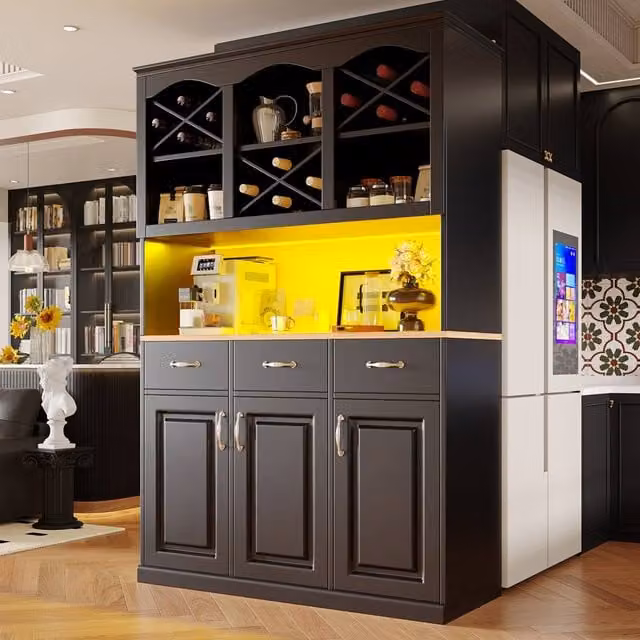 Rolipo Tall Black Multi-Purpose Kitchen Cabinet with Integrated LED Lighting