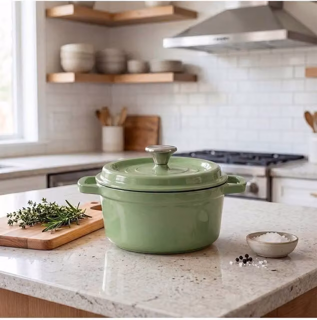 Living and Home Enamelled Cast Iron Dutch Oven with Glass Lid, Green, 6 l
