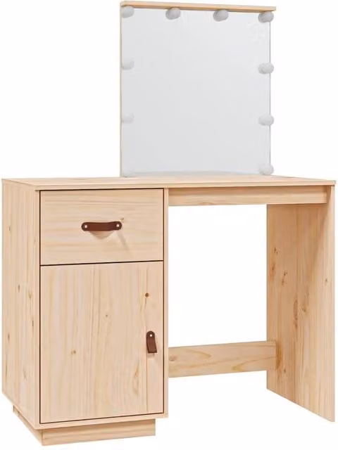 Berkfield Home Hollywood LED Dressing Table in Natural Solid Pine, W: 95 cm, D: 50 cm, H: 133.5 cm