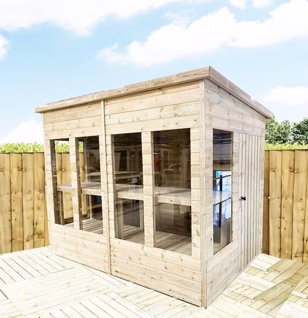 Marlborough Pressure Treated Wooden Pent Potting Greenhouse and Bench in Natural Brown