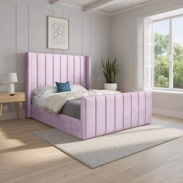 KDMD Strumpshaw Winged Upholstered Designer Bed Frame in Pink Soft Velvet, W/D/H: 120 x 200 x 137 cm