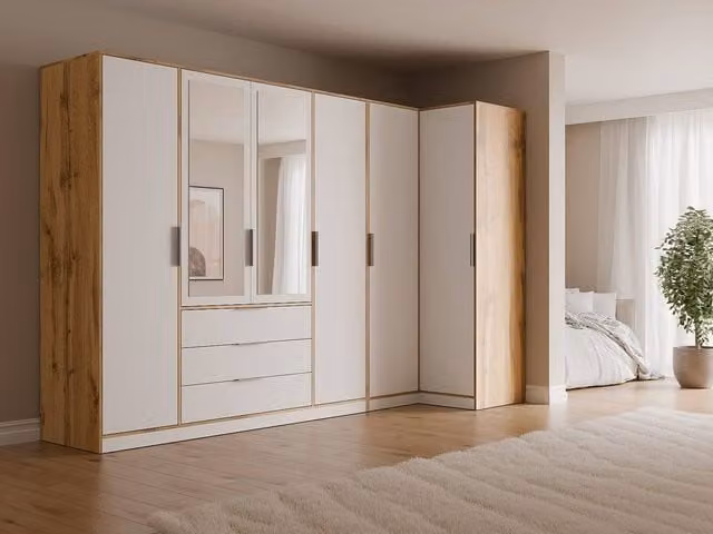 Vente-unique Modern Corner Wardrobe with 6 Doors, 3 Drawers and Mirrors in White and Beige, W: 302 cm