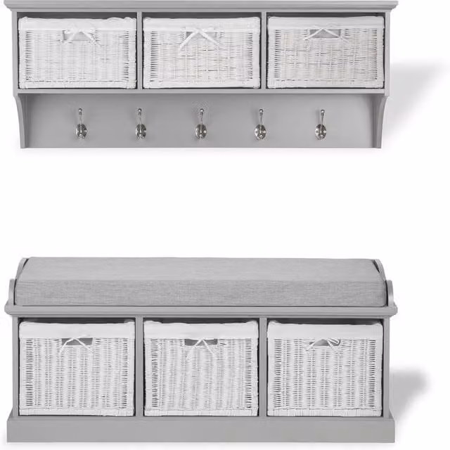 Statement Furniture Tetbury Hallway Set with 3 White Wicker Baskets and Grey Cushion in Light Grey