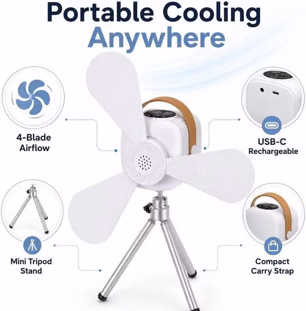 BluCore Mini Portable Rechargeable Table and Ceiling Fan with Remote Control and Timer, White