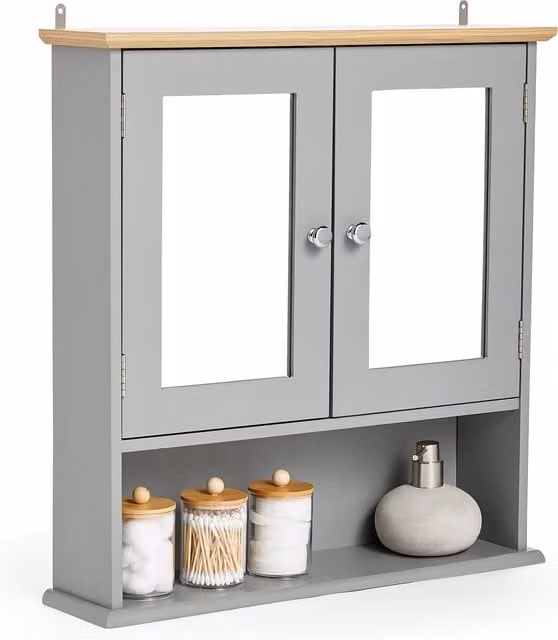 VonHaus 2 Door Wall Mounted Bathroom Mirror Cabinet in Matt Grey