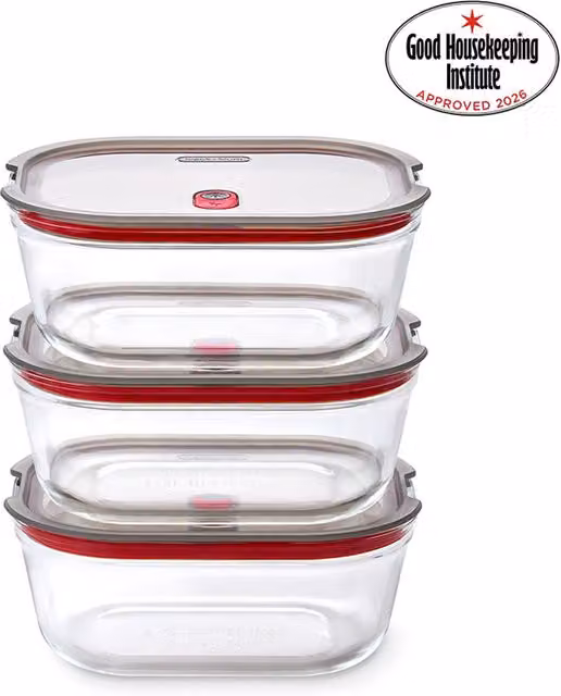 Black + Blum Stack + Nest Airtight Glass Food Storage Container Set, 3 Pack, 1.2 l, Transparent and Black