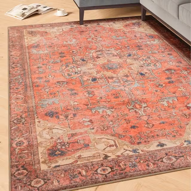 The Rug House Oriental Vintage Washable Area Rug in Beige, Orange and Multicolour, W: 150 cm, D: 80 cm