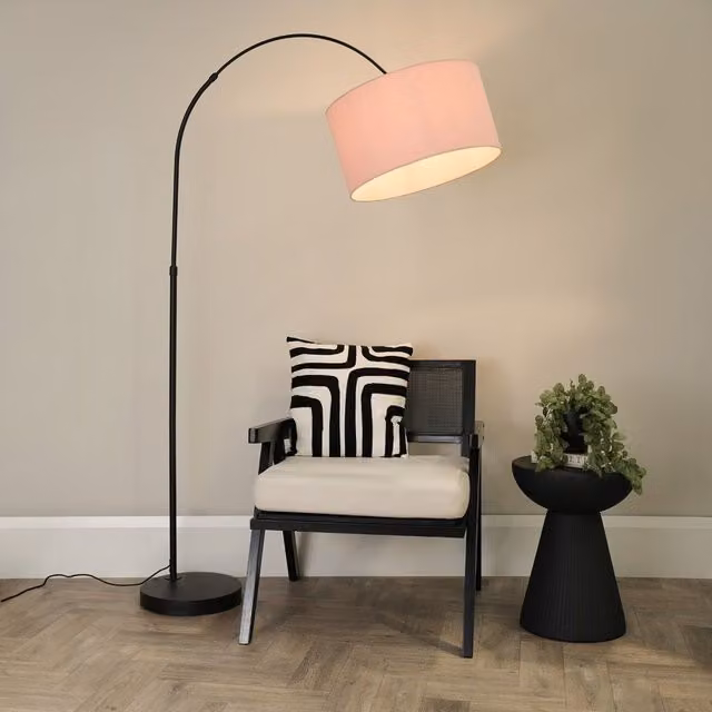 ValueLights Louis Black Arched Metal Floor Lamp with Dusty Pink Fabric Drum Shade and LED Bulb