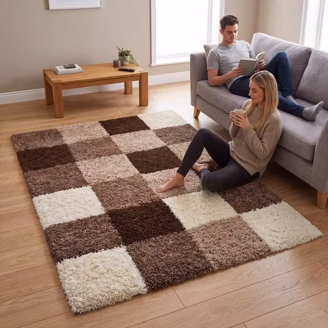 Bravich California Checked Shaggy Rug in Beige and Multicolour, W: 230 cm, D: 160 cm