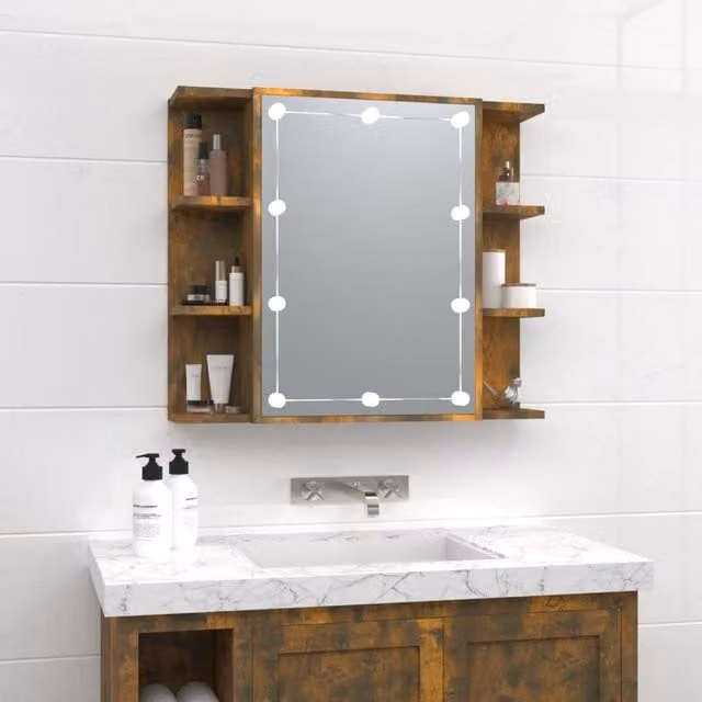 Berkfield Home LED Mirror Cabinet in Smoked Oak Brown, W/D/H: 70 x 16.5 x 60 cm