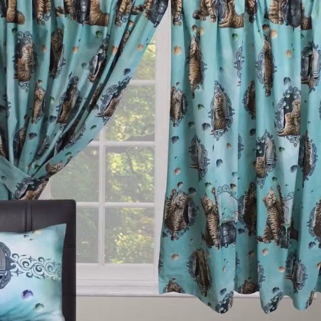 Lisa Parker Hubble Bubble Curtains Pencil Pleat Fabric Panel with Cauldron Cats Design in Green, Grey, Purple and Turquoise, Width: 137.16 cm, Height: 167.64 cm