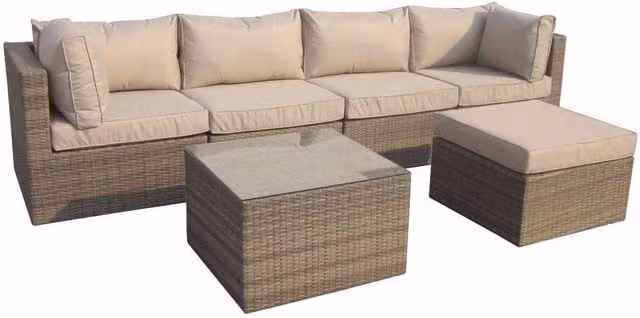 Furniture One 6 Piece Modular L-Shape Polyrattan Outdoor Garden Sofa Set with Beige and Yellow Upholstered Cushions