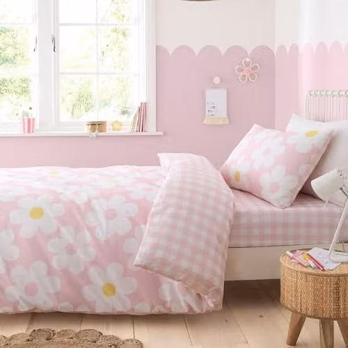 Bedlam Retro Daisy Floral Duvet Cover Set in Pink and White, W/D/H: 200 x 200 cm