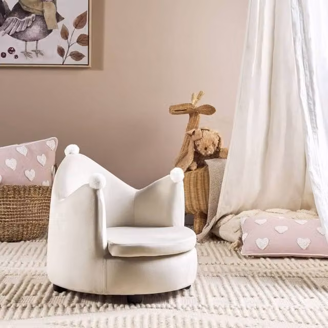 Wyld Haus Crown Velvet Kids Armchair in Beige with Solid Wood Frame