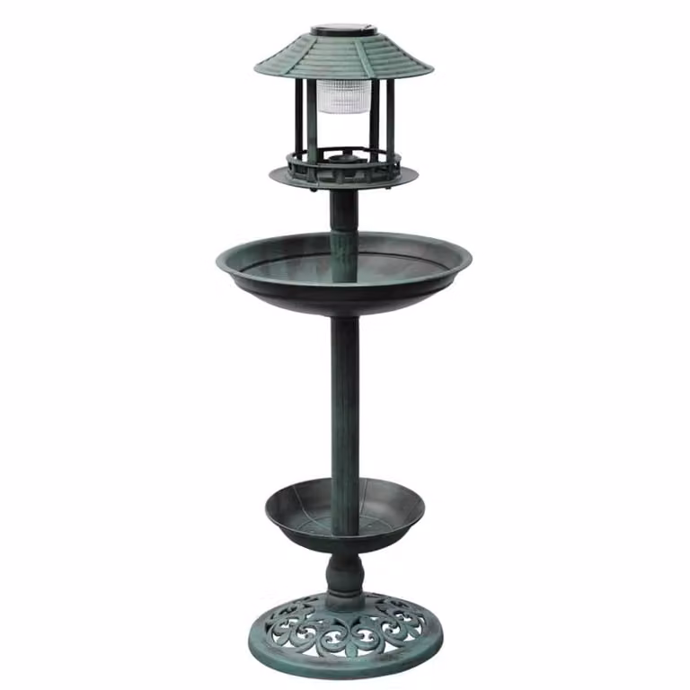 Berkfield Home Round Metal Bird Bath and Feeder with Solar Light in Green