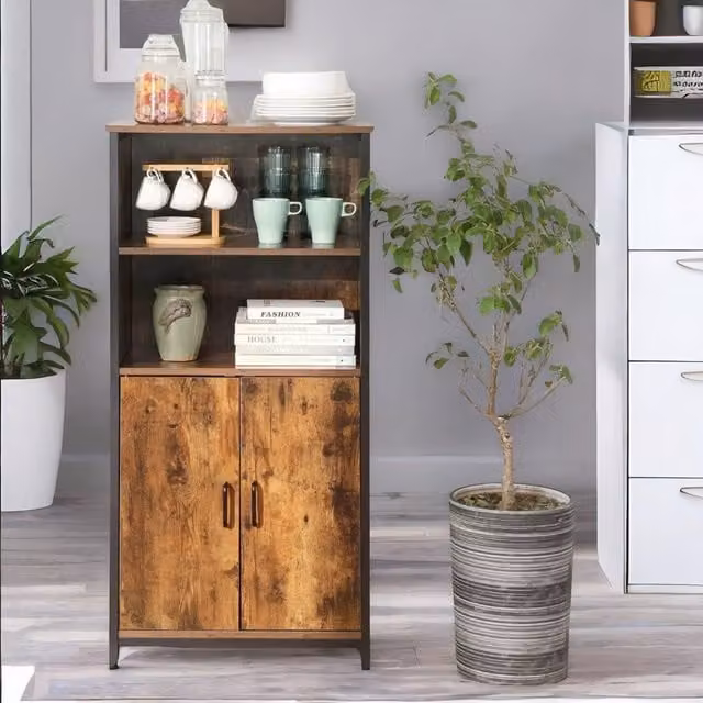 FURNOS Industrial Multipurpose Kitchen Sideboard Buffet Cabinet in Brown with 2 Open Shelves and Hinged Doors, W/D/H: 125 x 35 x 60 cm