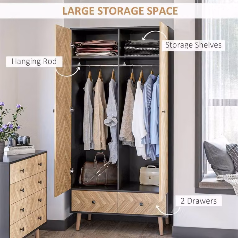Wyld Haus Grey Wood Grain Wardrobe with Hanging Rods and Drawers W/D/H: 90 x 50 x 190 cm
