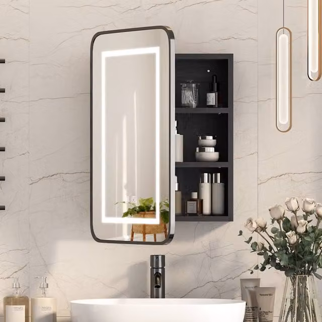 KEEPREAPER Black LED Bathroom Mirror Cabinet with 3-Colour Lighting, Demister and Touch Control, W: 40 cm, H: 60 cm