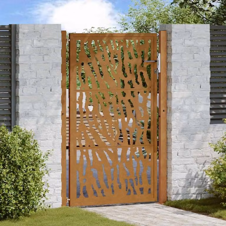 Berkfield Home Beautiful Garden Gate in Brown Weathering Steel with Trace Design, W: 105 cm, H: 155 cm