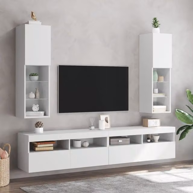 Berkfield Home Set of 2 Modern White Wall Mounted TV Cabinets with Integrated LED Lighting, W/D/H: 30.5 x 30 x 102 cm