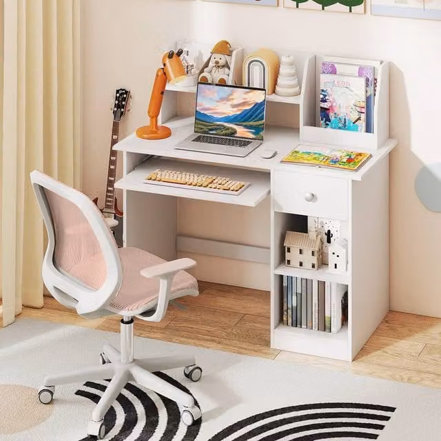 Costway Kids Wooden Study Desk with Keyboard Tray and Drawer in White