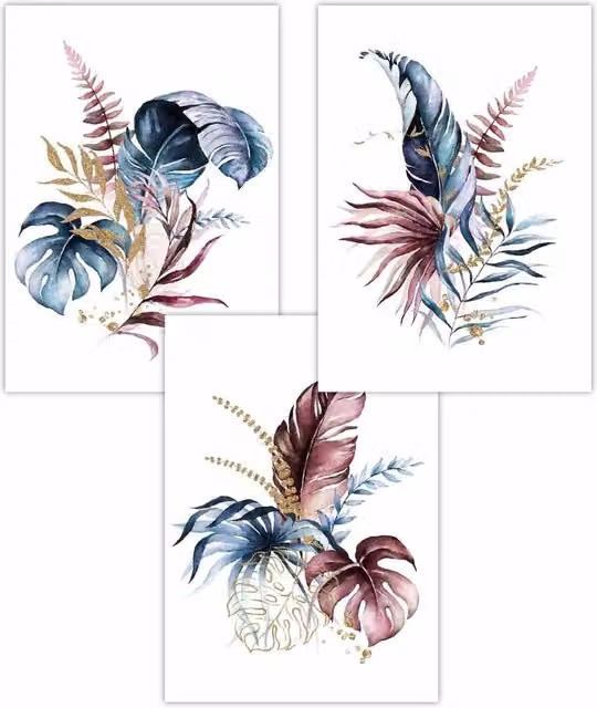 ARTZE Set of 3 Botanical Leaves Art Posters in Blue, Pink, Gold and Navy, W: 59 cm, H: 84 cm