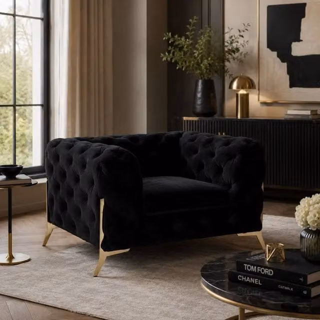 Stratus Interiors Black Plush Velvet 1 Seater Italian Chesterfield Sofa