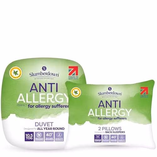 Slumberdown Anti Allergy 10.5 Tog All Year Round Single Duvet and 2 Pillows Set, White, W: 135 cm, L: 200 cm