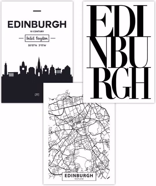 ARTZE Set of 3 Edinburgh Skyline Street Map City Art Posters in Black and White, W: 42 cm, H: 59 cm