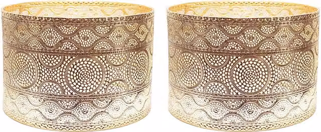 ValueLights Casablanca Pair of Gold Easy Fit Drum Lamp Shades and LED Bulbs