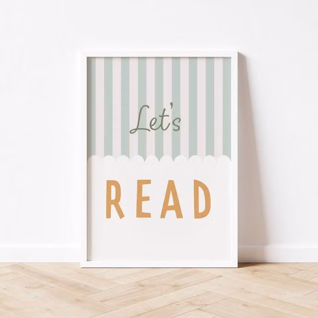 Autumns Corner Let's Read Stripy Edition Typography Paper Poster in Sage and Mustard, A2