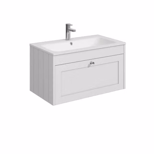 Balterley Wall Hung White Bathroom Vanity Unit with Rectangular Basin and Soft Close Single Drawer W/D/H: 80 x 45.3 x 43.1 cm